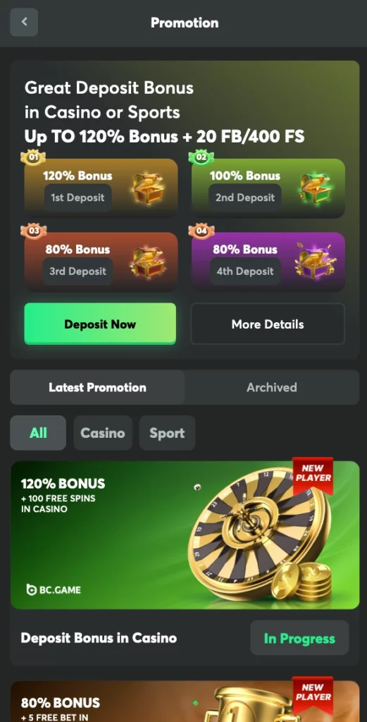 BC Game bonuses in the app