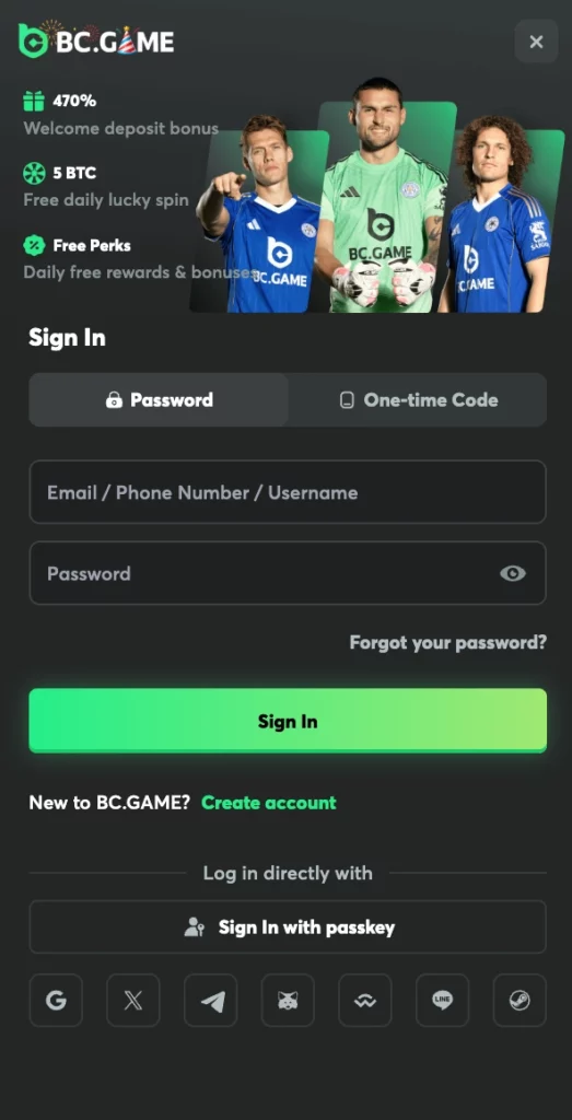 Login via mobile for BC.Game
